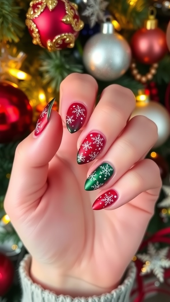 Elegant Christmas Nail Art Design Elegant Christmas nail art design with red, green, and gold colors, featuring snowflakes and glitter.